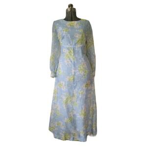 Vintage 60s 70s Floral Maxi‎ Dress Chiffon Blue Sheer Sleeve Babydoll Volup M/L